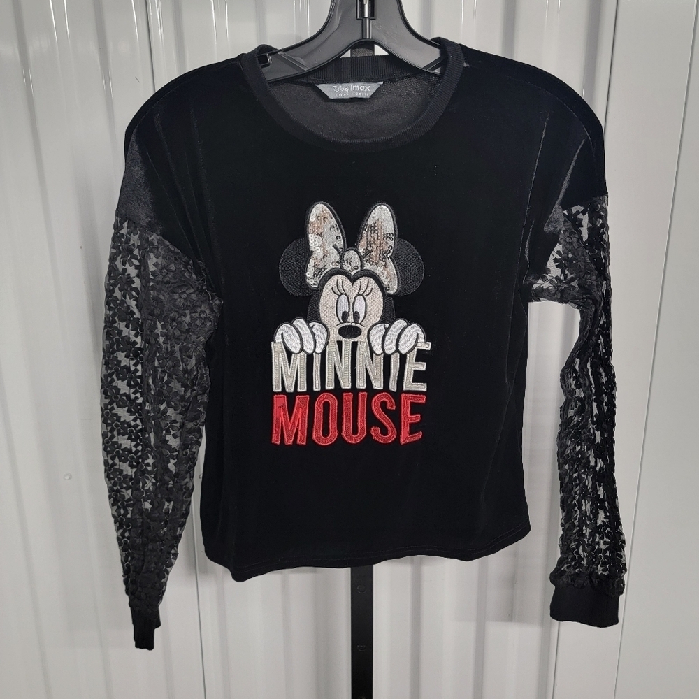 Disney Max Girls Black and Red Minnie Mouse Shirt with Lace Sleeves